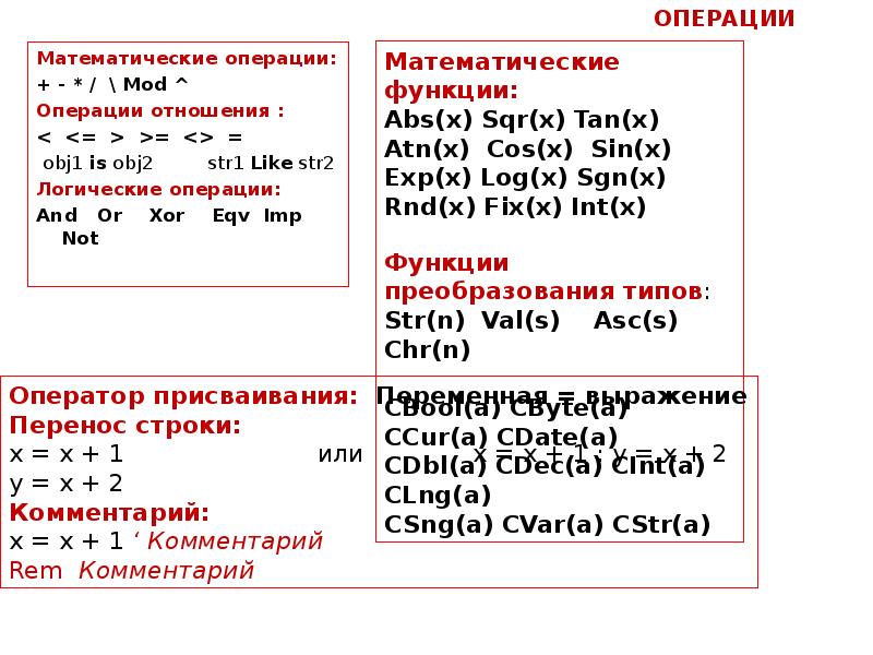 ОПЕРАЦИИ
Математические операции:
+ - * / \ Mod ^
Операции ОПЕРАЦИИ
Математические операции:
+ - * / \ Mod ^
Операции