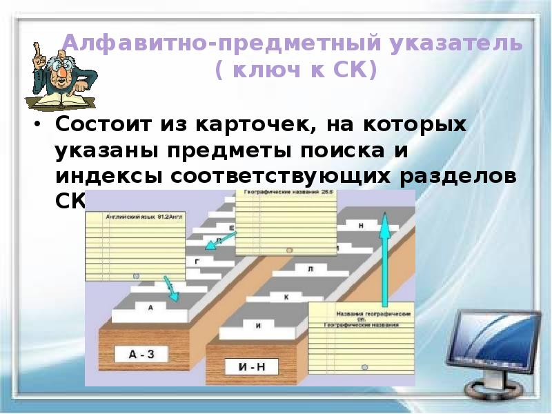 Алфавитно-предметный указатель ( ключ к СК)
Состоит из карточек, на Алфавитно-предметный указатель ( ключ к СК)
Состоит из карточек, на