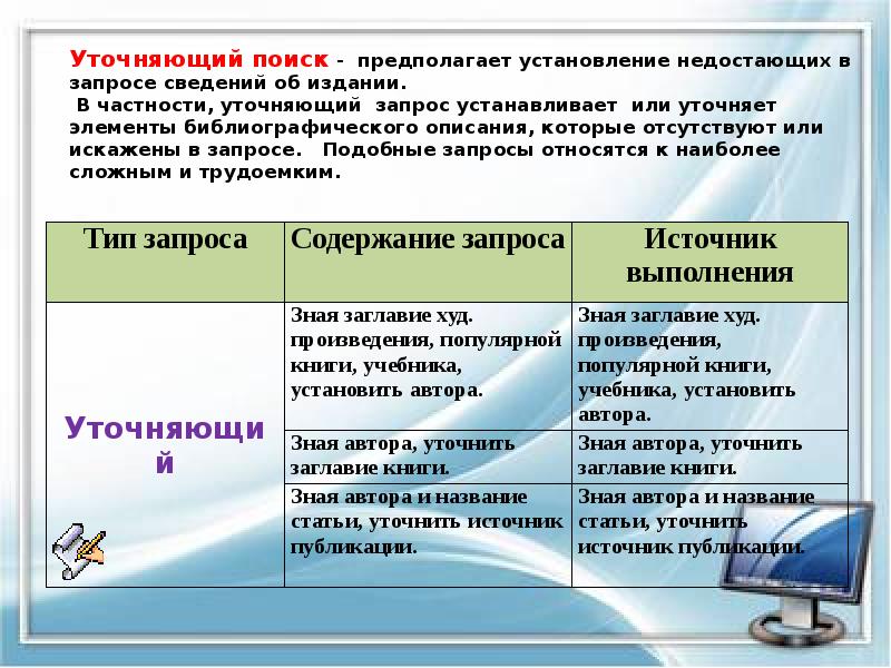 Уточняющий поиск - предполагает установление недостающих в запросе сведений об издании. Уточняющий поиск - предполагает установление недостающих в запросе сведений об издании.