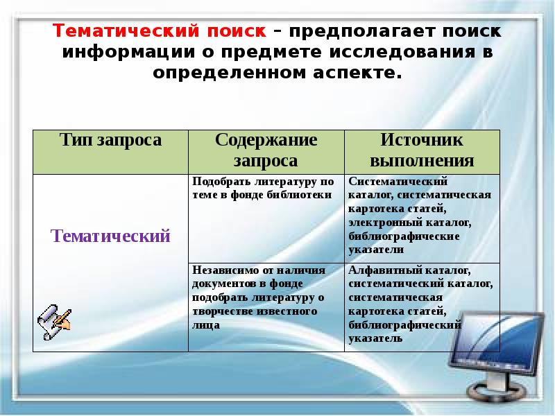 Тематический поиск – предполагает поиск информации о предмете исследования в определенном Тематический поиск – предполагает поиск информации о предмете исследования в определенном