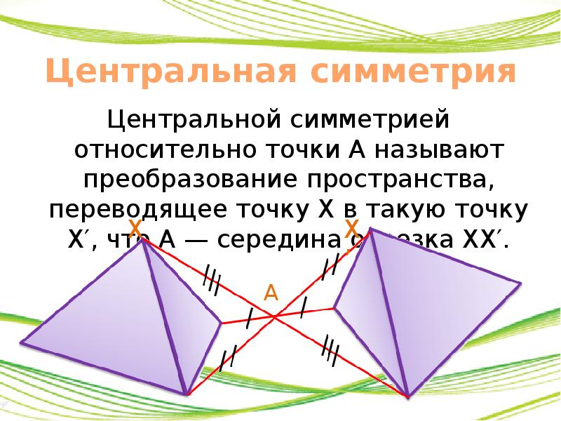 4 центр симметрии. Симметрия в пространстве геометрия. Преобразование подобия в пространстве. Центральная симметрия в пространстве. Центральная симметрия геометрия в пространстве.