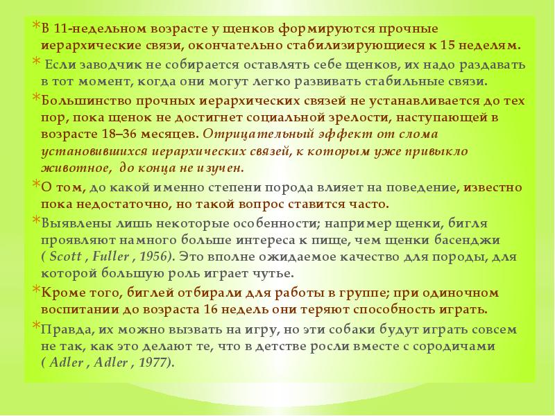В 11-недельном возрасте у щенков формируются прочные иерархические связи, окончательно стабилизирующиеся