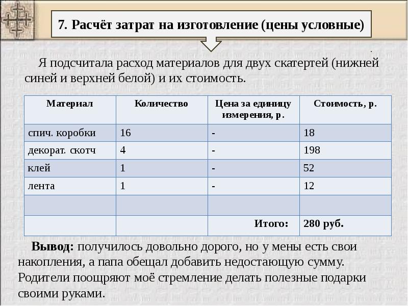 Расчет материалов и денежных затрат проект по технологии