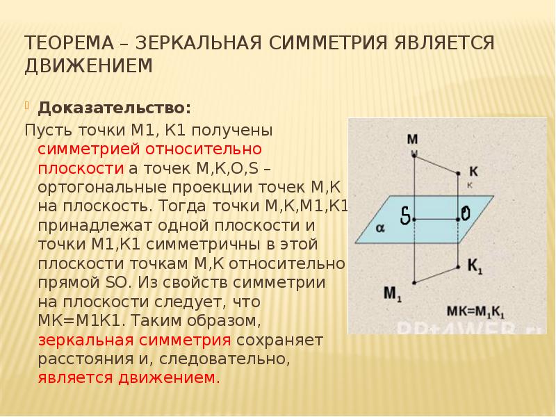 Теорема – зеркальная симметрия является движением
Доказательство:
Пусть точки М1, К1 Теорема – зеркальная симметрия является движением
Доказательство:
Пусть точки М1, К1