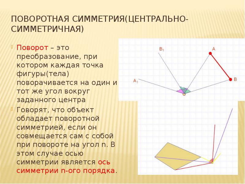 Поворотная симметрия(центрально-симметричная)
Поворот – это преобразование, при котором каждая точка фигуры(тела) Поворотная симметрия(центрально-симметричная)
Поворот – это преобразование, при котором каждая точка фигуры(тела)