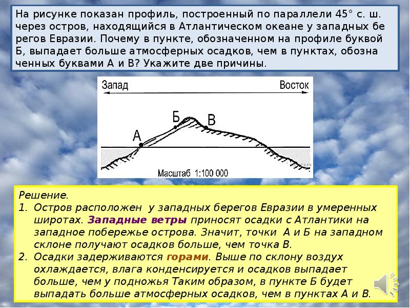 Температура воздуха на горе. Ветер приносящий осадки. В каком из пунктов выпадает наименьшее количество осадков. Нарисунке показан профиль првоеденный через находящийся у западных. Наибольшее количество осадков получает склон.