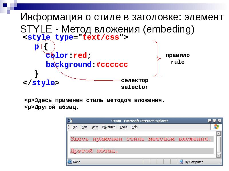 Информация о стиле в заголовке: элемент STYLE - Метод вложения (embeding)
