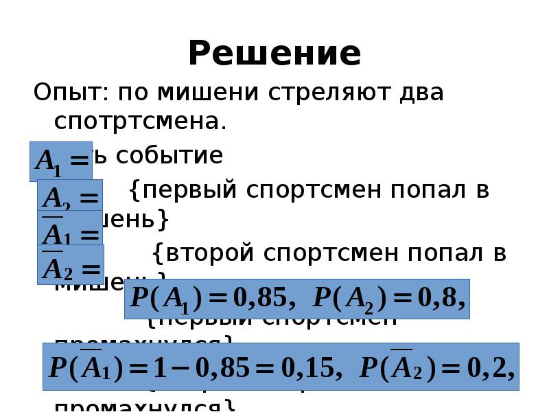 Решение Опыт: по мишени стреляют два спотртсмена. Пусть событие  