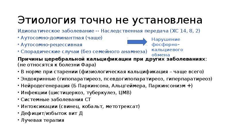 Этиология точно не установлена
Идиопатическое заболевание -- Наследственная передача (ХС 14, Этиология точно не установлена
Идиопатическое заболевание -- Наследственная передача (ХС 14,