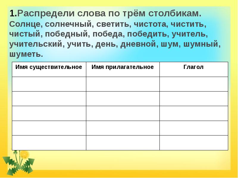 Распределите слова по графам таблицы