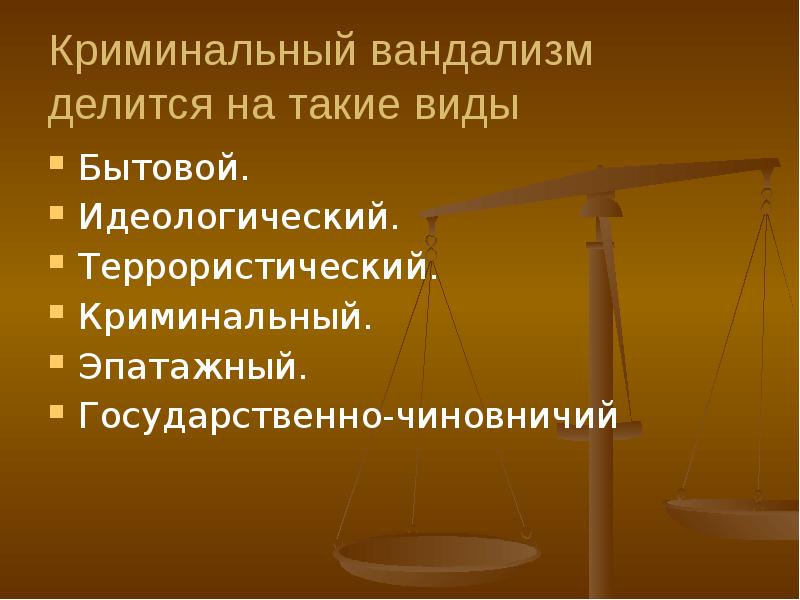 Криминальный вандализм делится на такие виды
Бытовой.
Идеологический.
Террористический. Криминальный вандализм делится на такие виды
Бытовой.
Идеологический.
Террористический.