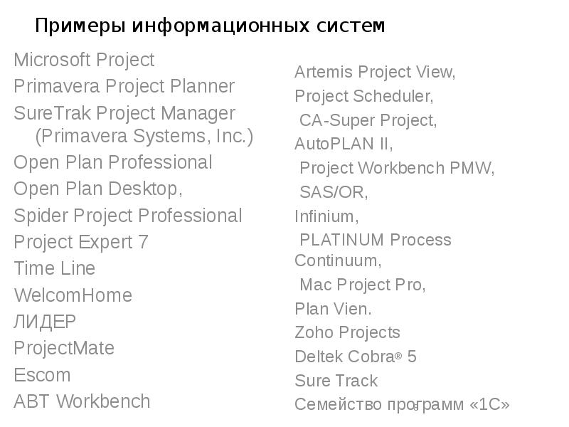 Примеры информационных систем Microsoft Project Primavera Project Planner SureTrak Project