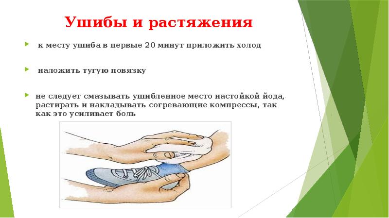 Ушибы и растяжения
к месту ушиба в первые 20 минут Ушибы и растяжения
к месту ушиба в первые 20 минут
