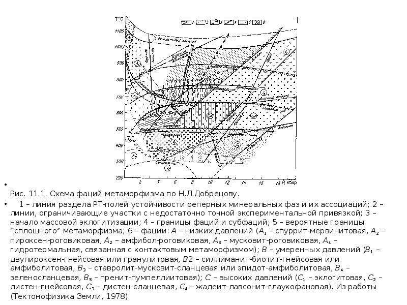 Рис. 11.1. Схема фаций метаморфизма по Н.Л.Добрецову.
1 – линия Рис. 11.1. Схема фаций метаморфизма по Н.Л.Добрецову.
1 – линия