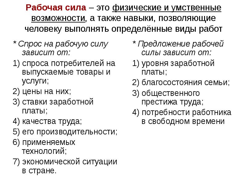 Предложение в силе. Рабочая сила. Спрос на рабочую силу зависит от. Рабочая сила это в экономике. От чего зависит спрос на рабочую силу.