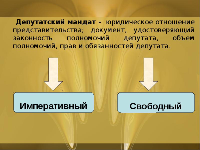 Депутатский мандат - юридическое отношение представительства; документ, удостоверяющий законность полномочий депутата, Депутатский мандат - юридическое отношение представительства; документ, удостоверяющий законность полномочий депутата,