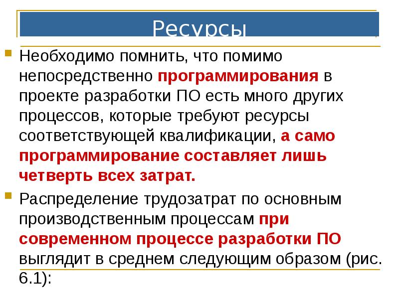 Ресурсы
Необходимо помнить, что помимо непосредственно программирования в проекте разработки ПО Ресурсы
Необходимо помнить, что помимо непосредственно программирования в проекте разработки ПО