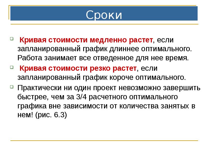 Сроки
Кривая стоимости медленно растет, если запланированный график длиннее оптимального. Сроки
Кривая стоимости медленно растет, если запланированный график длиннее оптимального.