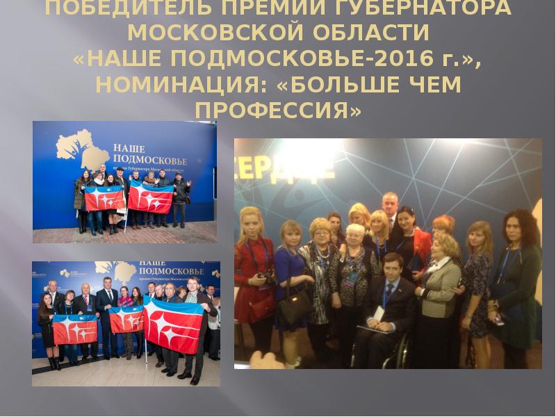 ПОБЕДИТЕЛЬ ПРЕМИИ ГУБЕРНАТОРА МОСКОВСКОЙ ОБЛАСТИ  «НАШЕ ПОДМОСКОВЬЕ-2016 г.»,  НОМИНАЦИЯ: