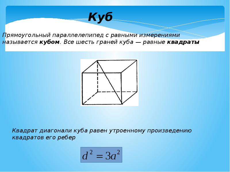 Диагональ куба равна. Диагональ грани Куба. Квадрат диагонали Куба равен. Кубом называется.