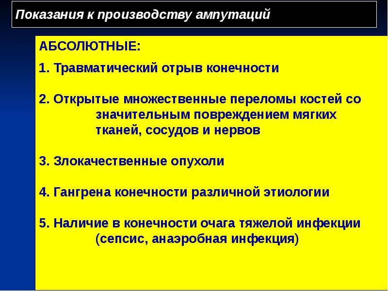 Показания к производству ампутаций Показания к производству ампутаций