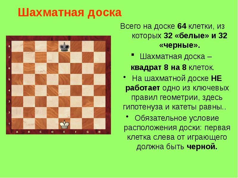 Шахматная доска
Всего на доске 64 клетки, из которых 32 Шахматная доска
Всего на доске 64 клетки, из которых 32