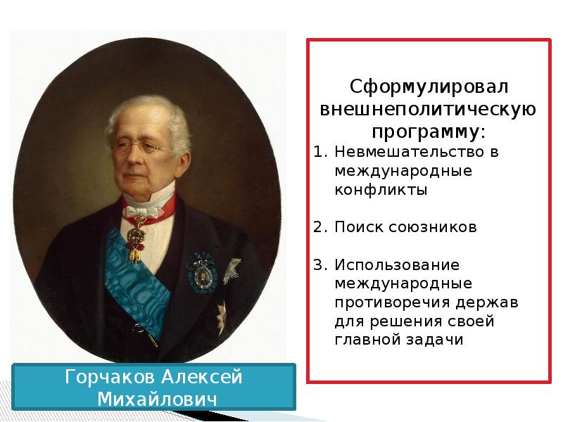 Внешняя политика половины 19 века. Деятельность Горчакова. Программа Горчакова. Сформулировал внешнеполитическую программу невмешательство. Принцип внешней политики Горчаковым.