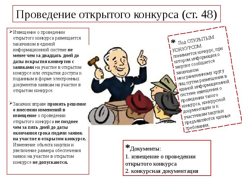 Проведение открытого конкурса (ст. 48) Извещение о проведении открытого конкурса размещается