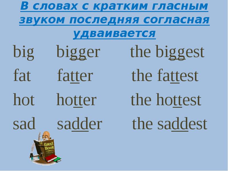 И краткая гласная. Удвоение степени сравнения прилагательных в английском. Степени сравнения прилагательных в английском удвоение согласных. Удваивание согласных в степени сравнения прилагательных. Степени сравнения прилагательных удвоенная согласная.