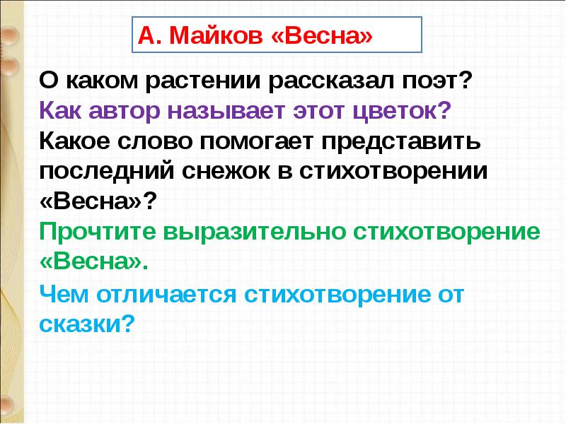 Презентация майков весна белозеров подснежники 1 класс школа россии