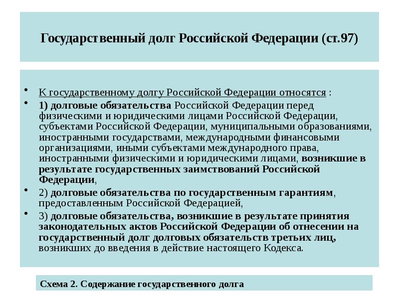 Государственный долг Российской Федерации (ст.97) К государственному долгу Российской Федерации относятся
