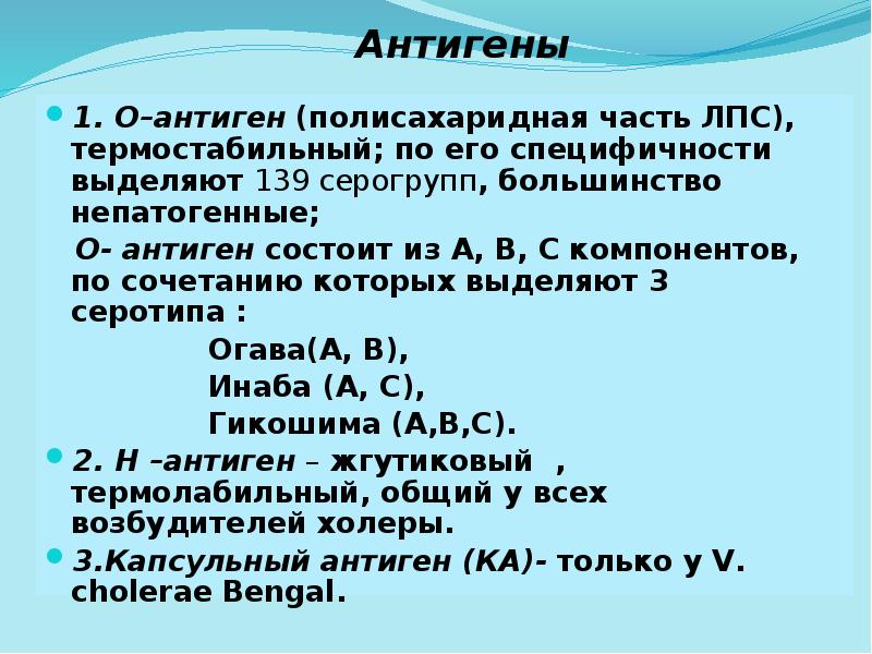 Антигены
1. О–антиген (полисахаридная часть ЛПС), термостабильный; по его специфичности выделяют Антигены
1. О–антиген (полисахаридная часть ЛПС), термостабильный; по его специфичности выделяют