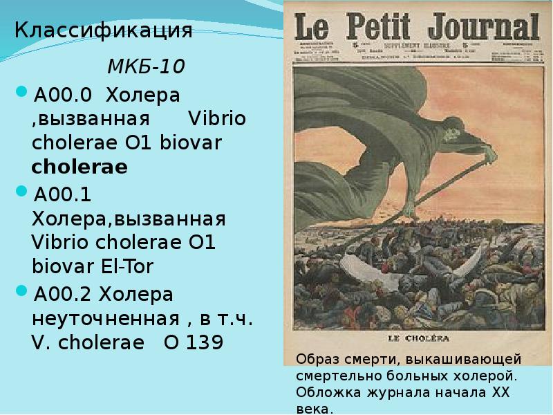 Классификация
МКБ-10
А00.0 Холера ,вызванная Vibrio cholerae О1 biovar Классификация
МКБ-10
А00.0 Холера ,вызванная Vibrio cholerae О1 biovar