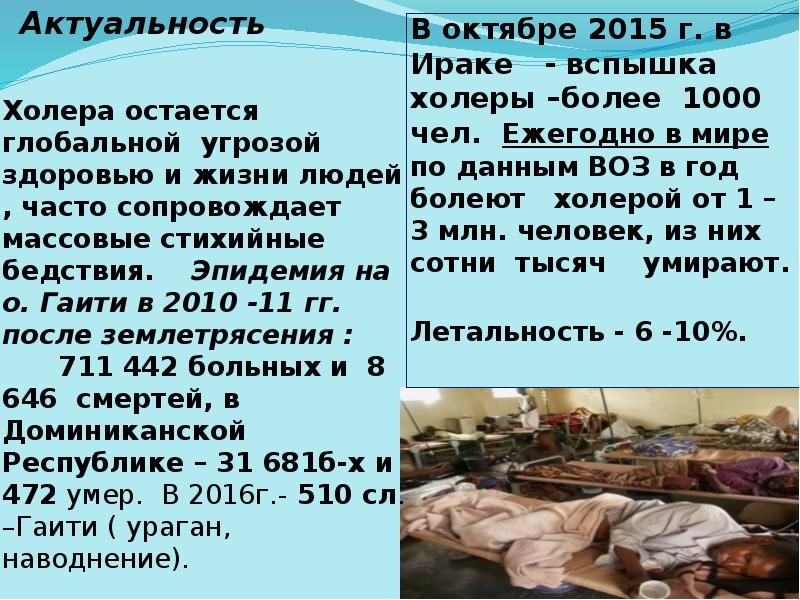 Актуальность
Холера остается глобальной угрозой здоровью и жизни людей , часто Актуальность
Холера остается глобальной угрозой здоровью и жизни людей , часто