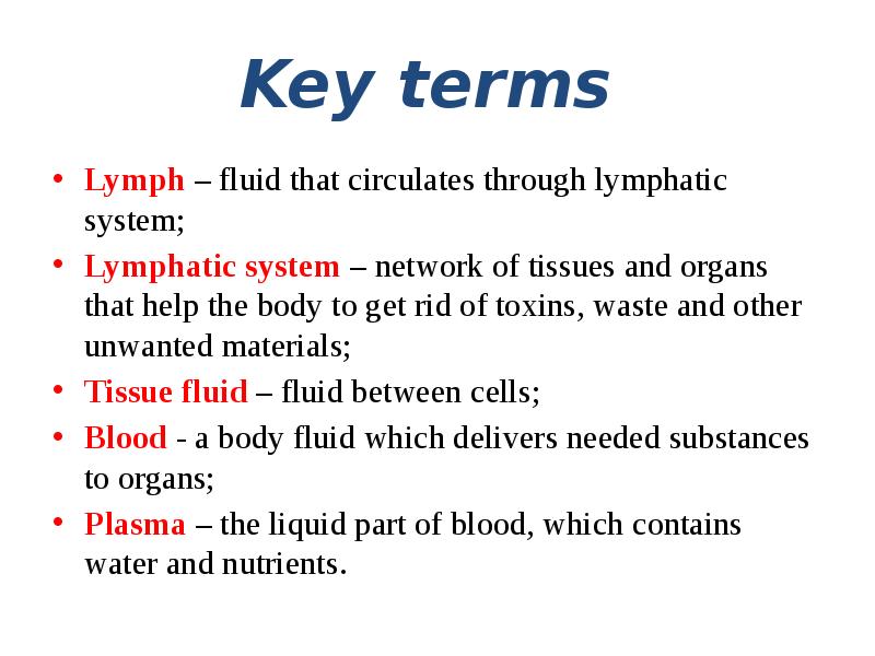 Key terms
Lymph – fluid that circulates through lymphatic system;
Key terms
Lymph – fluid that circulates through lymphatic system;