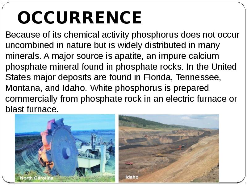 OCCURRENCE
Because of its chemical activity phosphorus does not occur uncombined OCCURRENCE
Because of its chemical activity phosphorus does not occur uncombined