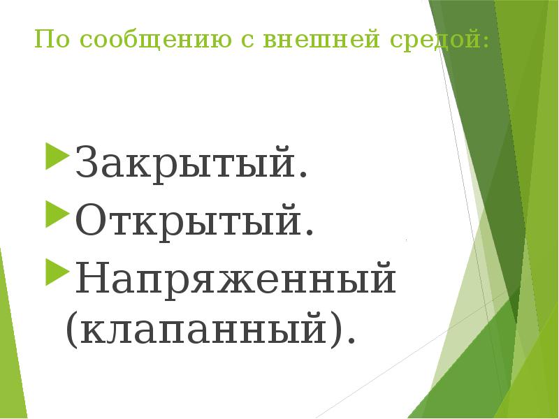 По сообщению с внешней средой:  Закрытый. Открытый. Напряженный (клапанный).