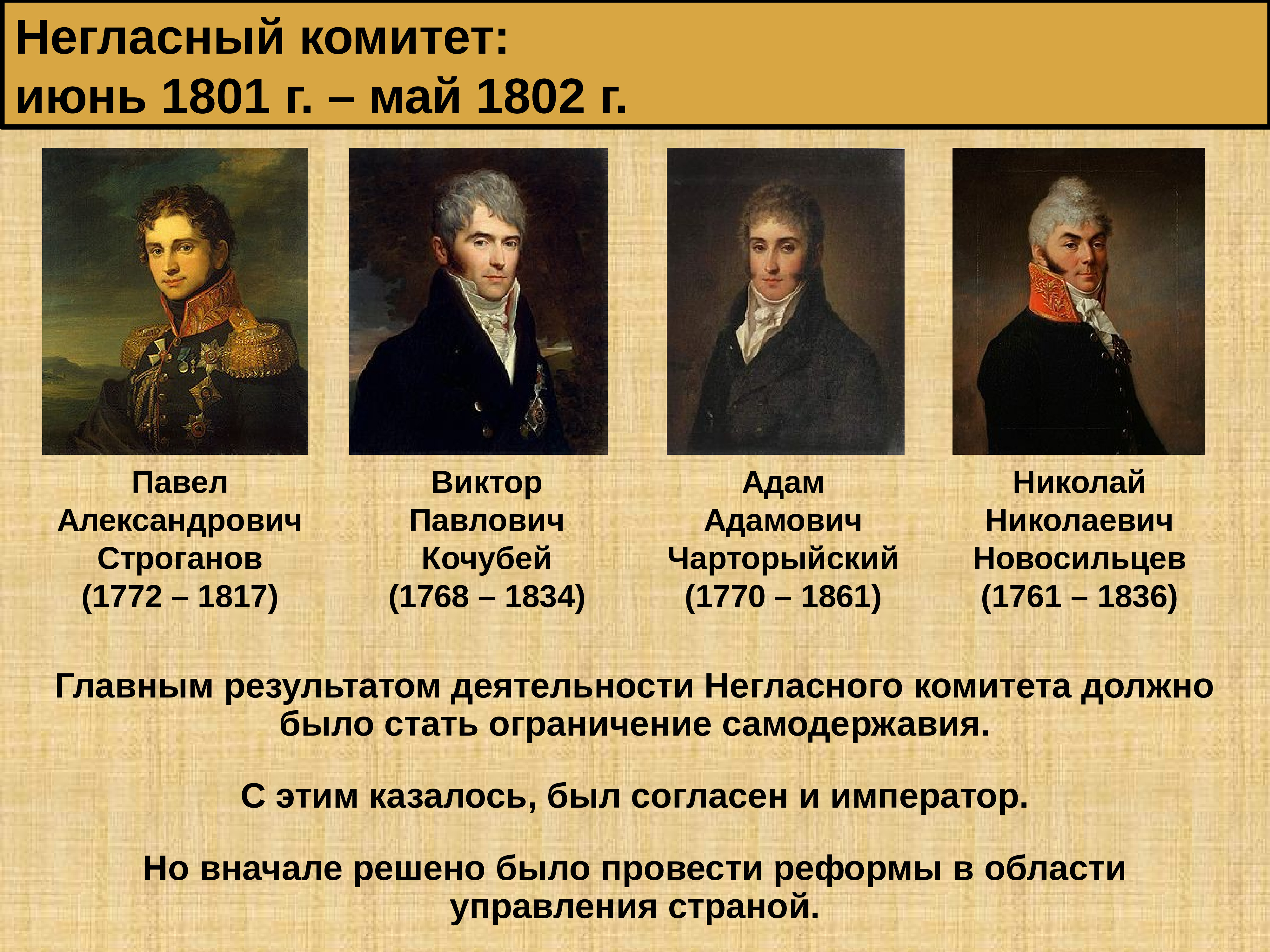 В негласный комитет входили 1. Негласный комитет 1801 - 1805.