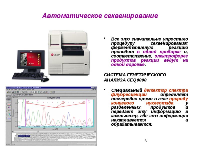 Автоматическое секвенирование
Все это значительно упростило процедуру секвенирования: ферментативную реакцию проводят Автоматическое секвенирование
Все это значительно упростило процедуру секвенирования: ферментативную реакцию проводят
