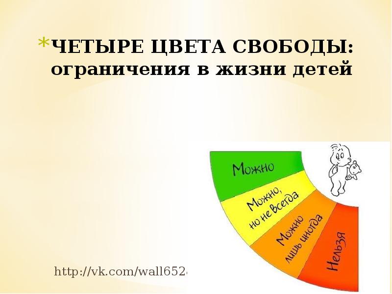 ЧЕТЫРЕ ЦВЕТА СВОБОДЫ: ограничения в жизни детей
http://vk.com/wall6528811_2808 ЧЕТЫРЕ ЦВЕТА СВОБОДЫ: ограничения в жизни детей
http://vk.com/wall6528811_2808