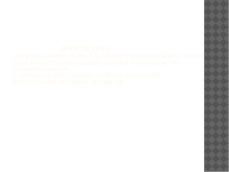 Жоспары: 1.Мұрын және мұрын қойнауларының құрылымы мен топографиясының жасқа байланысты ерекшеліктері