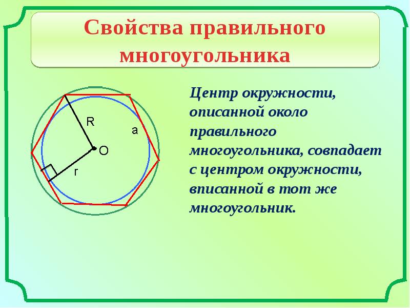 Сторона многоугольника вписанного в окружность равна. Окружность описанная около правильного многоугольника. Свойство многоугольника описанного около окружности. Многоугольник описанный около окружности. Центр описанной окружности многоугольника.