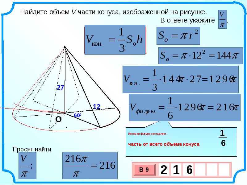 Объем части конуса изображенного на рисунке