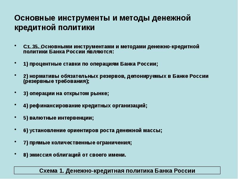 Основные инструменты и методы денежной кредитной политики
Ст. 35. Основными инструментами Основные инструменты и методы денежной кредитной политики
Ст. 35. Основными инструментами