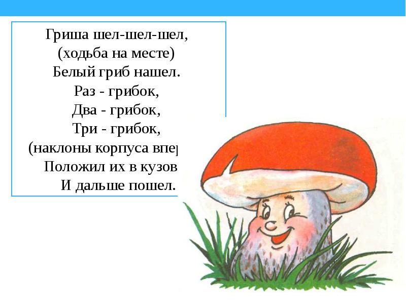 Шел шел и нашел. Раз - грибок, два - грибок. Гриша шел шел белый гриб нашел. Физкультминутка про грибы. Физкультминутка грибок.