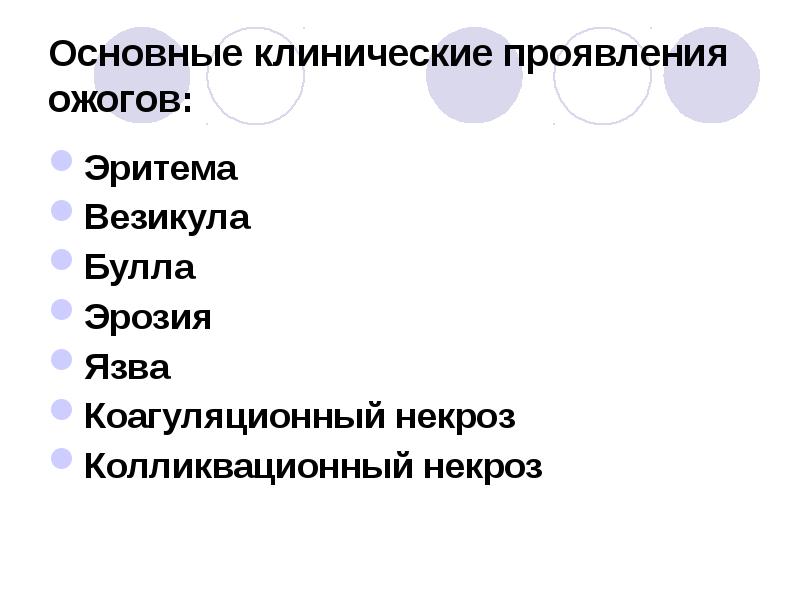 Основные клинические проявления ожогов:
Эритема
Везикула
Булла
Эрозия
Основные клинические проявления ожогов:
Эритема
Везикула
Булла
Эрозия