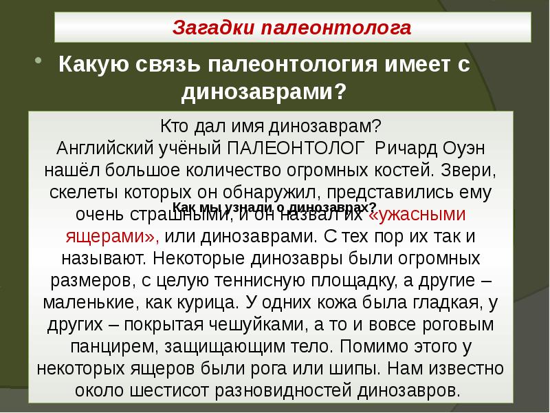 Загадки палеонтолога
Какую связь палеонтология имеет с динозаврами? Загадки палеонтолога
Какую связь палеонтология имеет с динозаврами?