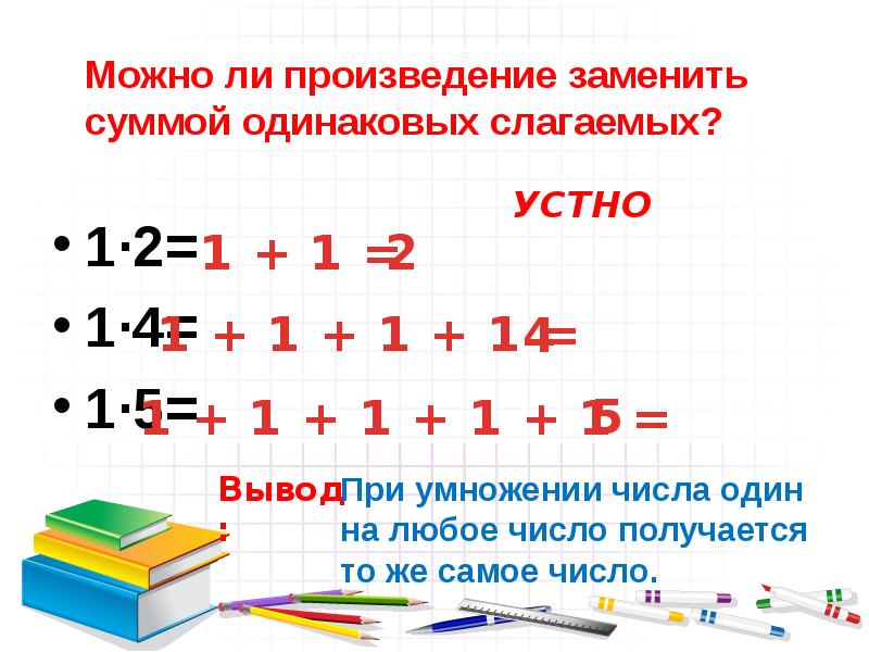 Рассмотрим произведение. Элементы умножения. При умножении 1 на любое число получается. Сумма одинаковых слагаемых заменяем умножением. Умножение единицы и нуля 2 класс школа России.