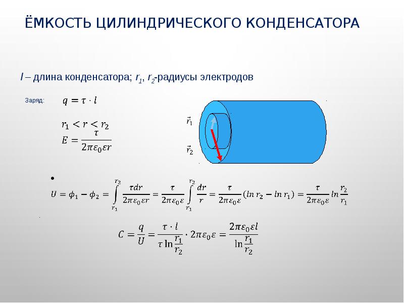 Вместимость цилиндрического. Вывод формулы цилиндрического конденсатора. Цилиндрический конденсатор формула. Емкость цилиндрического конденсатора. Емкость плоского сферического и цилиндрического конденсаторов.