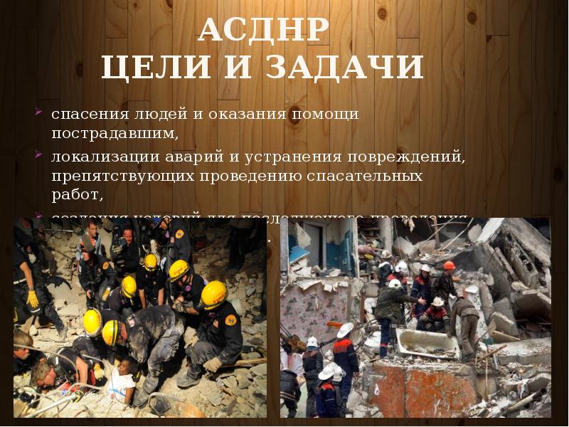 АСДНР ЦЕЛИ И ЗАДАЧИ
спасения людей и оказания помощи пострадавшим,
локализации аварий и АСДНР ЦЕЛИ И ЗАДАЧИ
спасения людей и оказания помощи пострадавшим,
локализации аварий и